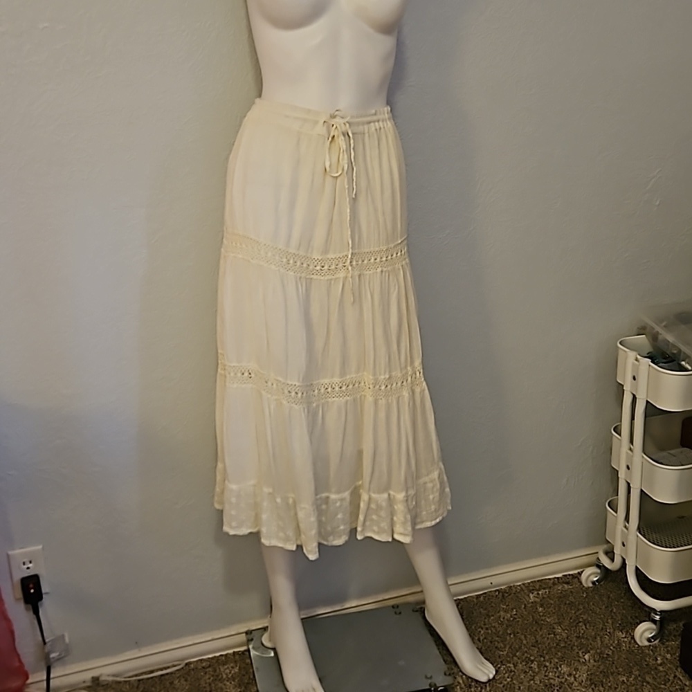 BOBBIE BROOKS 1990s Cream Lace Tiered Drawstring Waist Boho Festival Midi Skirt - Picture 2 of 8
